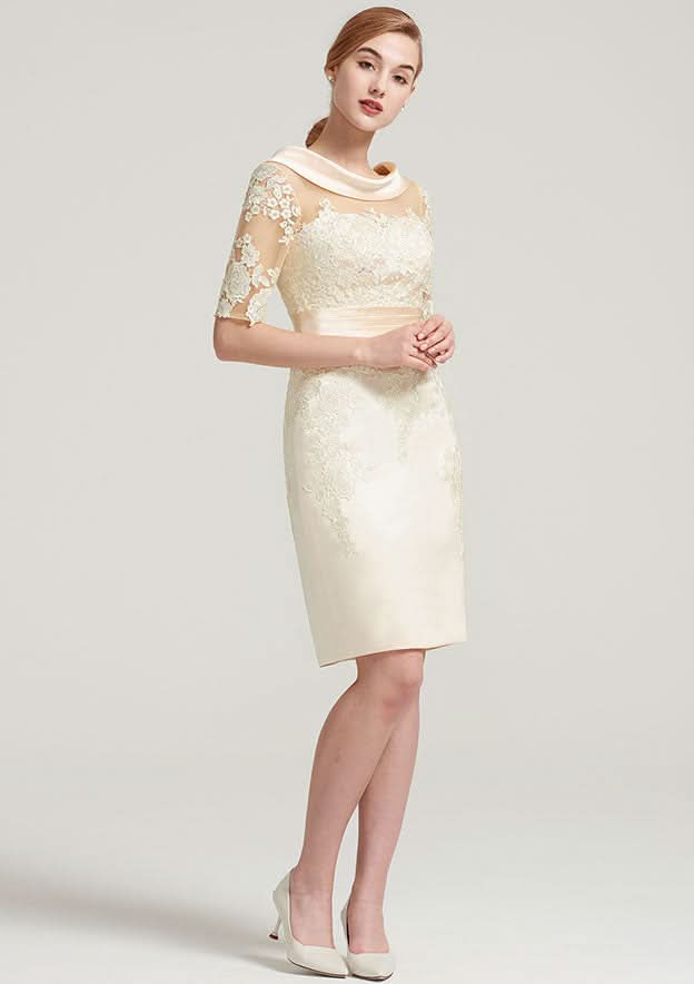 Knee-Length Satin Mother of the Bride Dress with Pleated Appliqued Lace, Short Sleeve Cowl Neck Sheath/Column BM bride