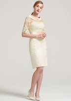 Knee-Length Satin Mother of the Bride Dress with Pleated Appliqued Lace, Short Sleeve Cowl Neck Sheath/Column BM bride