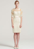 Knee-Length Satin Mother of the Bride Dress with Pleated Appliqued Lace, Short Sleeve Cowl Neck Sheath/Column BM bride