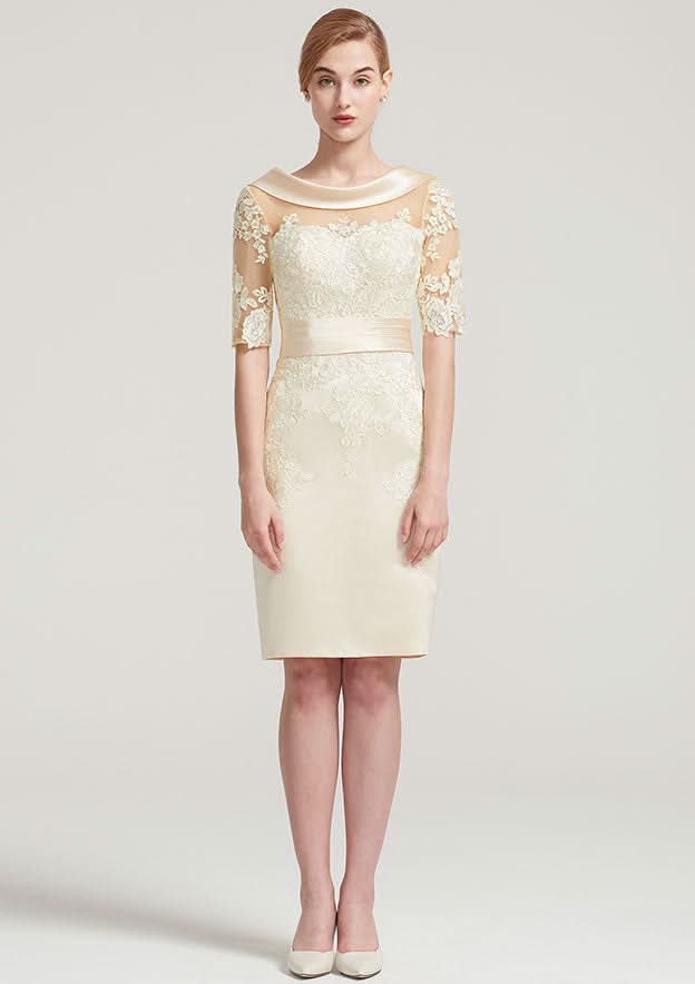 Knee-Length Satin Mother of the Bride Dress with Pleated Appliqued Lace, Short Sleeve Cowl Neck Sheath/Column BM bride