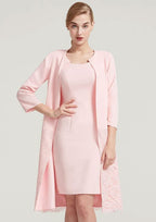 Knee-Length Elastic Satin Mother of the Bride Dress with Lace Jacket, Sleeveless Scoop Neck Sheath/Column BM bride