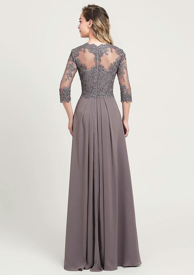 A-line/Princess Long/Floor-Length Chiffon Mother of the Bride Dress with Sequins Beading Lace Pleated, 3/4 Sleeve V Neck BM bride