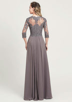 A-line/Princess Long/Floor-Length Chiffon Mother of the Bride Dress with Sequins Beading Lace Pleated, 3/4 Sleeve V Neck BM bride