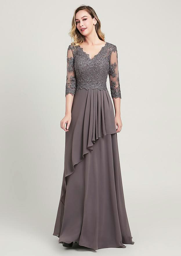 A-line/Princess Long/Floor-Length Chiffon Mother of the Bride Dress with Sequins Beading Lace Pleated, 3/4 Sleeve V Neck BM bride