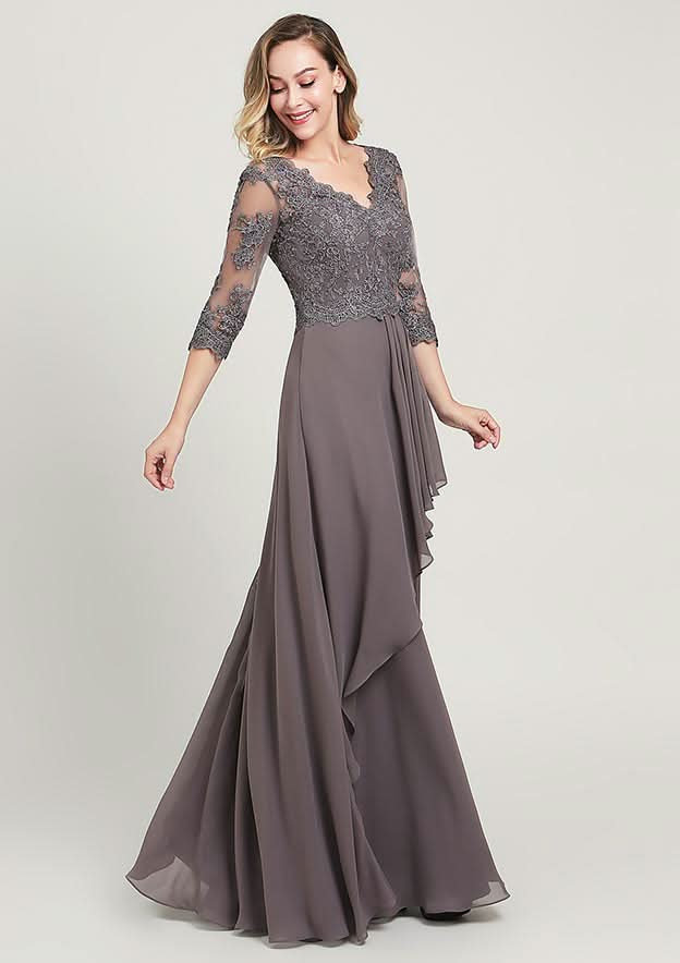 A-line/Princess Long/Floor-Length Chiffon Mother of the Bride Dress with Sequins Beading Lace Pleated, 3/4 Sleeve V Neck BM bride