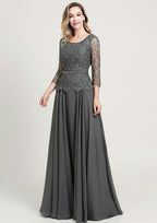 A-line/Princess Long/Floor-Length Chiffon Mother of the Bride Dress with Sequins Beading Lace, 3/4 Sleeve Scoop Neck BM bride