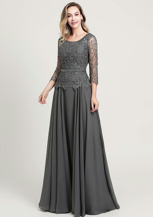 A-line/Princess Long/Floor-Length Chiffon Mother of the Bride Dress with Sequins Beading Lace, 3/4 Sleeve Scoop Neck BM bride