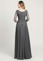A-line/Princess Long/Floor-Length Chiffon Mother of the Bride Dress with Sequins Beading Lace, 3/4 Sleeve Scoop Neck BM bride