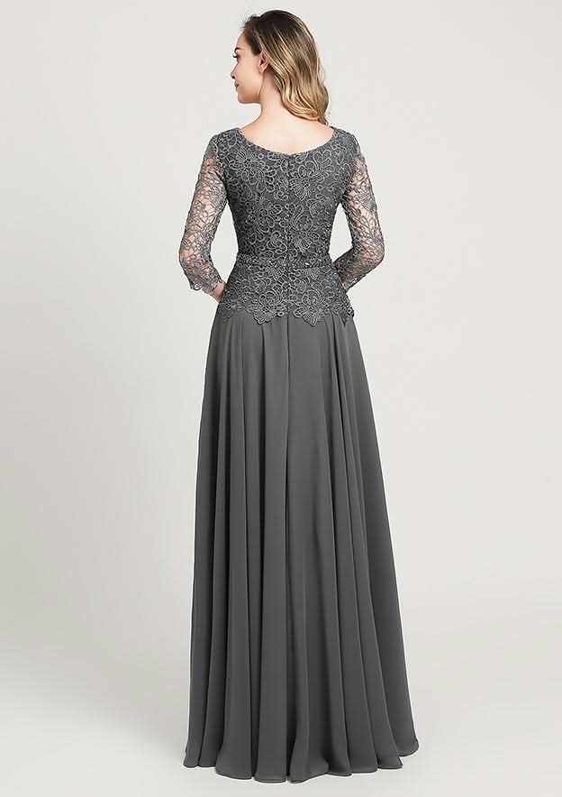 A-line/Princess Long/Floor-Length Chiffon Mother of the Bride Dress with Sequins Beading Lace, 3/4 Sleeve Scoop Neck BM bride