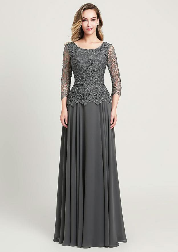 A-line/Princess Long/Floor-Length Chiffon Mother of the Bride Dress with Sequins Beading Lace, 3/4 Sleeve Scoop Neck BM bride