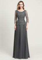A-line/Princess Long/Floor-Length Chiffon Mother of the Bride Dress with Sequins Beading Lace, 3/4 Sleeve Scoop Neck BM bride