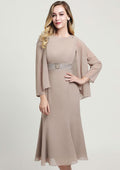 Tea-Length Chiffon Mother of the Bride Dress with Beading Jacket, Sleeveless Bateau BM bride