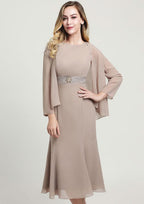Tea-Length Chiffon Mother of the Bride Dress with Beading Jacket, Sleeveless Bateau BM bride
