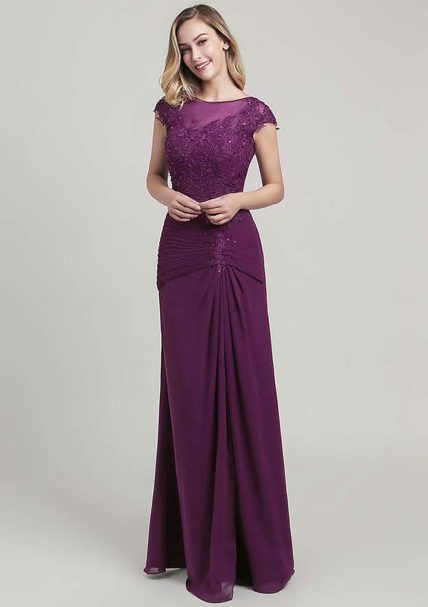 Sheath/Column Long/Floor-Length Chiffon Mother of the Bride Dress with Split Appliqued Pleated Sequins, Short Sleeve Bateau BM bride
