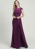 Sheath/Column Long/Floor-Length Chiffon Mother of the Bride Dress with Split Appliqued Pleated Sequins, Short Sleeve Bateau BM bride