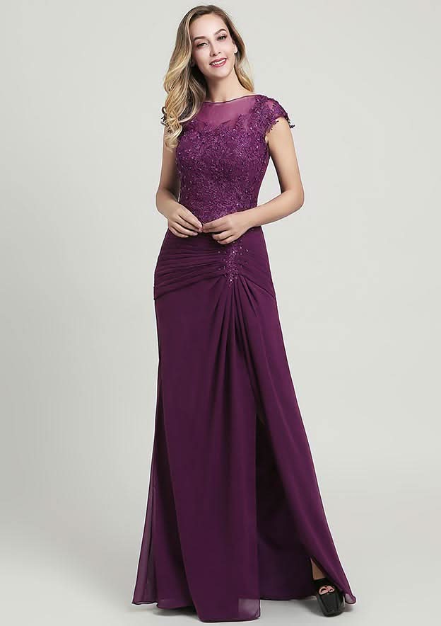 Sheath/Column Long/Floor-Length Chiffon Mother of the Bride Dress with Split Appliqued Pleated Sequins, Short Sleeve Bateau BM bride