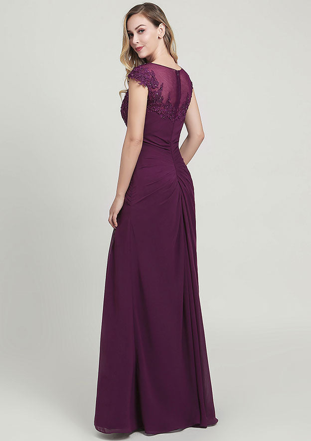 Sheath/Column Long/Floor-Length Chiffon Mother of the Bride Dress with Split Appliqued Pleated Sequins, Short Sleeve Bateau BM bride