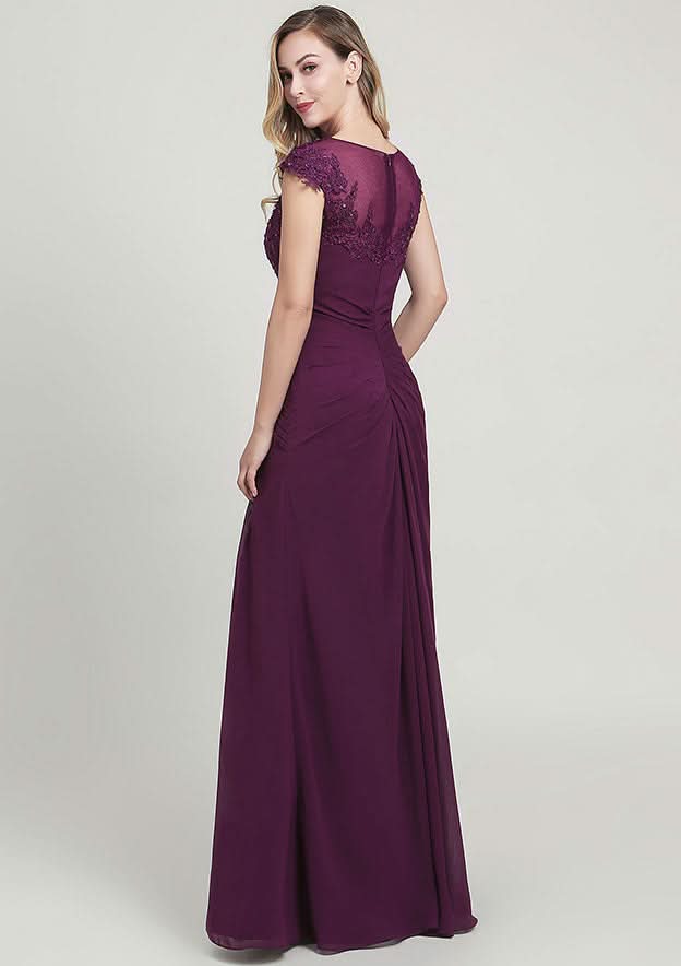 Sheath/Column Long/Floor-Length Chiffon Mother of the Bride Dress with Split Appliqued Pleated Sequins, Short Sleeve Bateau BM bride