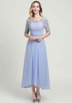 Asymmetrical Chiffon Mother of the Bride Dress with Jacket Beading Lace Pleated, Half Sleeve Scoop Neck A-line BM bride