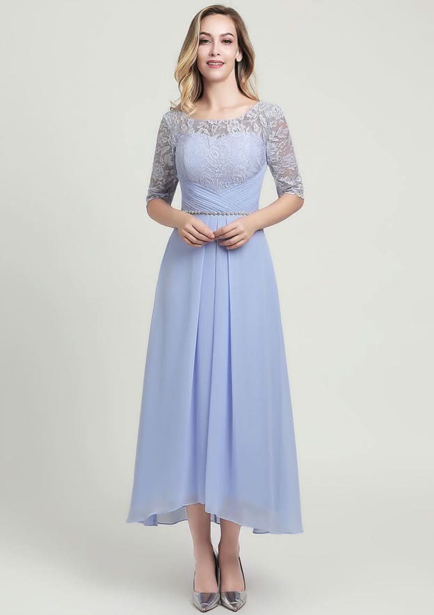 Asymmetrical Chiffon Mother of the Bride Dress with Jacket Beading Lace Pleated, Half Sleeve Scoop Neck A-line BM bride