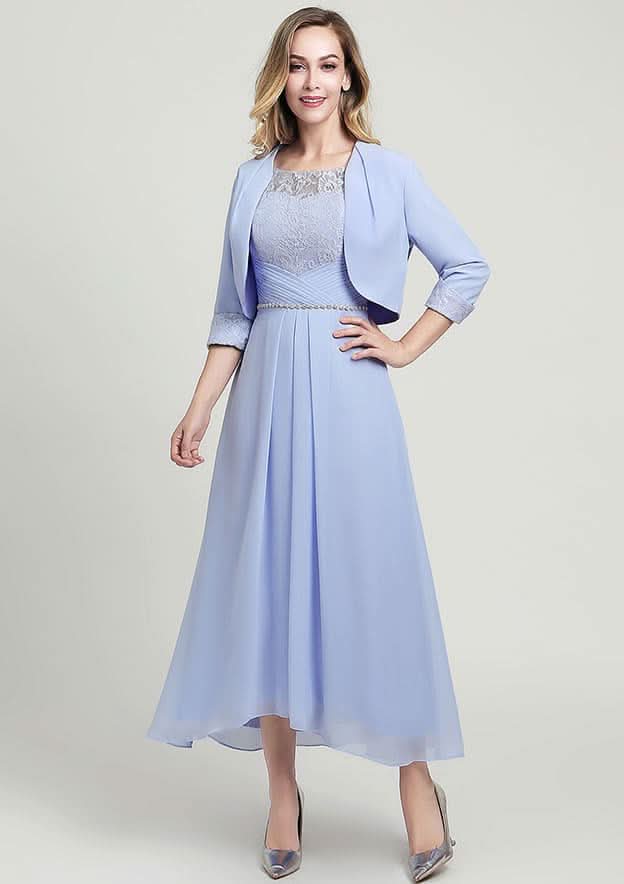 Asymmetrical Chiffon Mother of the Bride Dress with Jacket Beading Lace Pleated, Half Sleeve Scoop Neck A-line BM bride