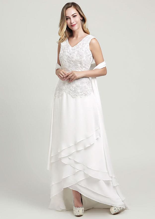 Asymmetrical Chiffon Mother of the Bride Dress with Lace, Sleeveless V Neck A-line BM bride