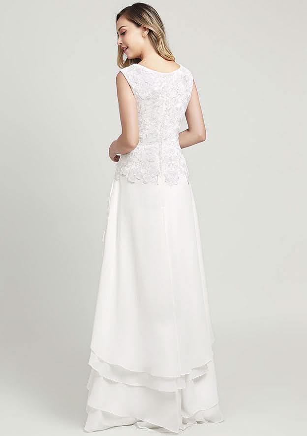 Asymmetrical Chiffon Mother of the Bride Dress with Lace, Sleeveless V Neck A-line BM bride