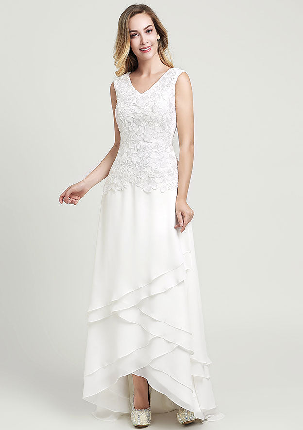 Elegant V-Neck Sleeveless Asymmetrical Chiffon Wedding Dress with Lace Details in A-Line/Princess Silhouette BM bride