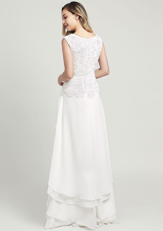 Elegant V-Neck Sleeveless Asymmetrical Chiffon Wedding Dress with Lace Details in A-Line/Princess Silhouette BM bride