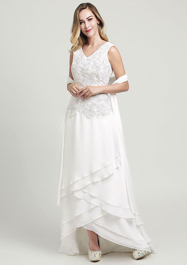 Elegant V-Neck Sleeveless Asymmetrical Chiffon Wedding Dress with Lace Details in A-Line/Princess Silhouette BM bride