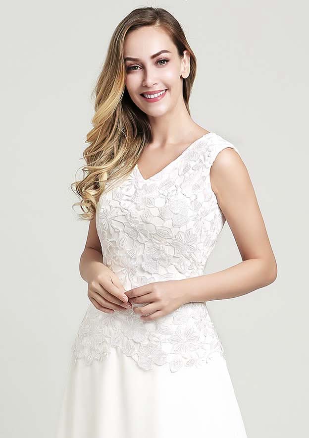 Elegant V-Neck Sleeveless Asymmetrical Chiffon Wedding Dress with Lace Details in A-Line/Princess Silhouette BM bride