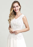 Elegant V-Neck Sleeveless Asymmetrical Chiffon Wedding Dress with Lace Details in A-Line/Princess Silhouette BM bride