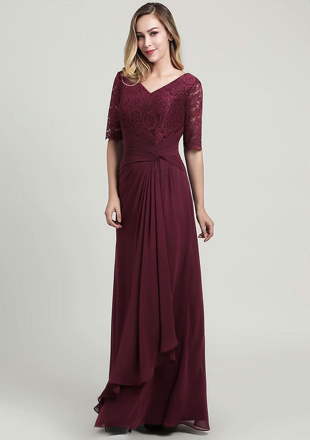 Long/Floor-Length Chiffon Mother of the Bride Dress with Ruffles Pleated Lace, Half Sleeve V Neck A-line BM bride
