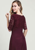 Long/Floor-Length Chiffon Mother of the Bride Dress with Ruffles Pleated Lace, Half Sleeve V Neck A-line BM bride