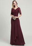 Long/Floor-Length Chiffon Mother of the Bride Dress with Ruffles Pleated Lace, Half Sleeve V Neck A-line BM bride