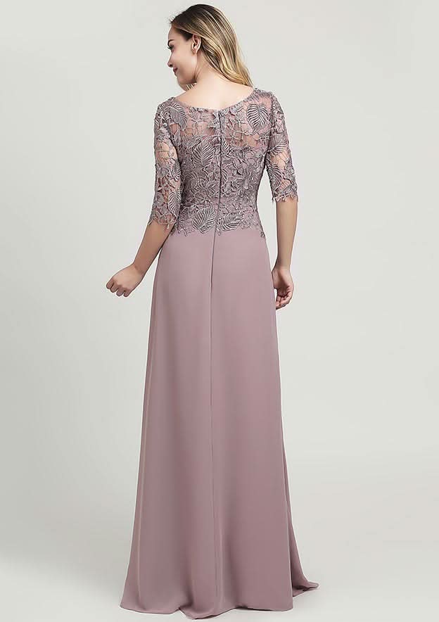 Long/Floor-Length Chiffon Mother of the Bride Dress with Ruffles Lace, Half Sleeve Scoop Neck A-line BM bride