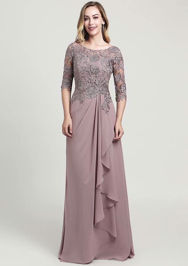 Long/Floor-Length Chiffon Mother of the Bride Dress with Ruffles Lace, Half Sleeve Scoop Neck A-line BM bride