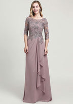 Long/Floor-Length Chiffon Mother of the Bride Dress with Ruffles Lace, Half Sleeve Scoop Neck A-line BM bride