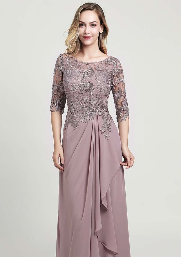 Long/Floor-Length Chiffon Mother of the Bride Dress with Ruffles Lace, Half Sleeve Scoop Neck A-line BM bride