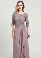 Long/Floor-Length Chiffon Mother of the Bride Dress with Ruffles Lace, Half Sleeve Scoop Neck A-line BM bride