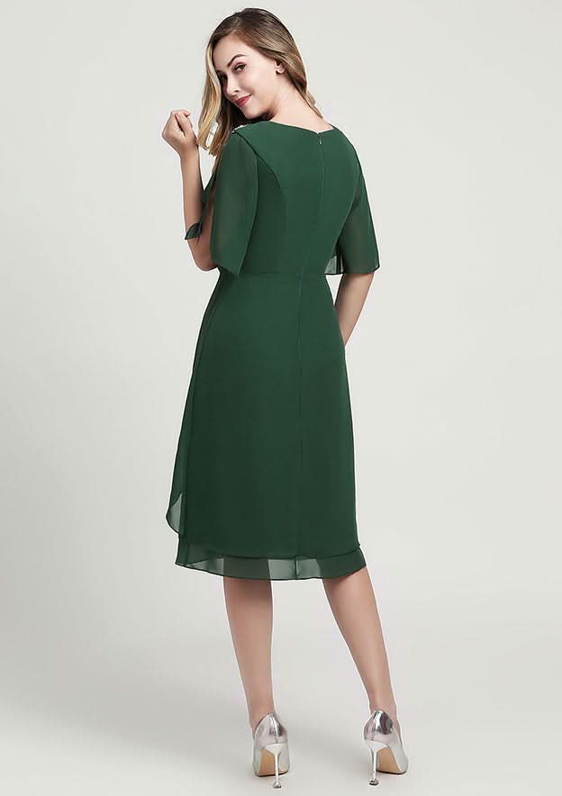 Knee-Length Chiffon Mother of the Bride Dress with Beading Ruffles, Short Sleeve Scoop Neck Sheath/Column BM bride