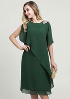 Knee-Length Chiffon Mother of the Bride Dress with Beading Ruffles, Short Sleeve Scoop Neck Sheath/Column BM bride