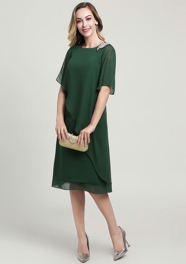 Knee-Length Chiffon Mother of the Bride Dress with Beading Ruffles, Short Sleeve Scoop Neck Sheath/Column BM bride