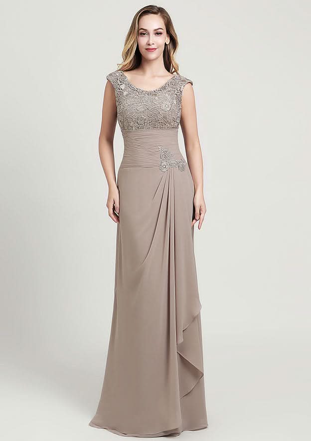 Sheath/Column Long/Floor-Length Chiffon Mother of the Bride Dress with Ruffles Lace Appliqued, Sleeveless Scoop Neck BM bride