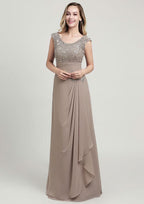 Sheath/Column Long/Floor-Length Chiffon Mother of the Bride Dress with Ruffles Lace Appliqued, Sleeveless Scoop Neck BM bride
