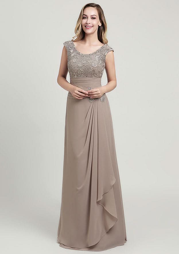 Sheath/Column Long/Floor-Length Chiffon Mother of the Bride Dress with Ruffles Lace Appliqued, Sleeveless Scoop Neck BM bride