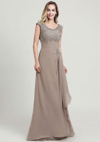 Sheath/Column Long/Floor-Length Chiffon Mother of the Bride Dress with Ruffles Lace Appliqued, Sleeveless Scoop Neck BM bride