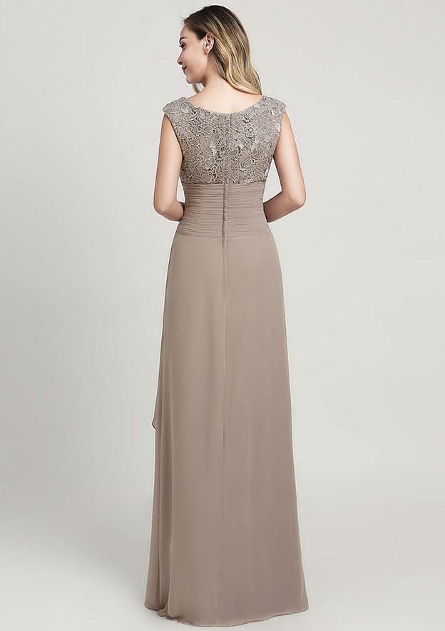 Sheath/Column Long/Floor-Length Chiffon Mother of the Bride Dress with Ruffles Lace Appliqued, Sleeveless Scoop Neck BM bride