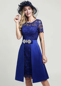 Knee-Length Lace Mother of the Bride Dress with Side Draping Waistband Beading Bowknot, Short Sleeve Scoop Neck Sheath/Column BM bride
