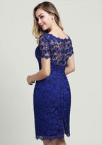 Knee-Length Lace Mother of the Bride Dress with Side Draping Waistband Beading Bowknot, Short Sleeve Scoop Neck Sheath/Column BM bride